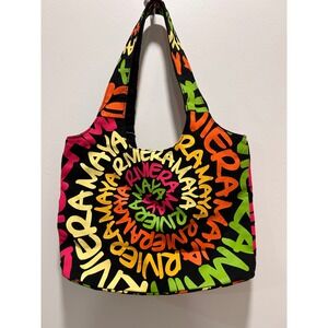 Colorful canvas shoulder tote bag is made by Robin Ruth